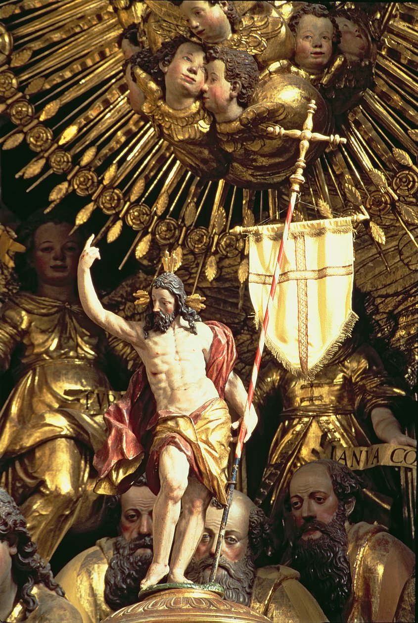 O Altar, detalhe de escultura de Cristo Triunfante rodeado por anjos e santos foto de Georg Raphael Donner