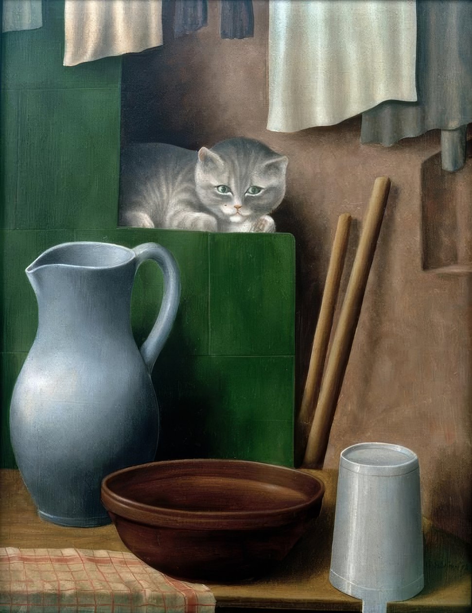 Natureza morta com gato (canto do forno) de Georg Schrimpf
