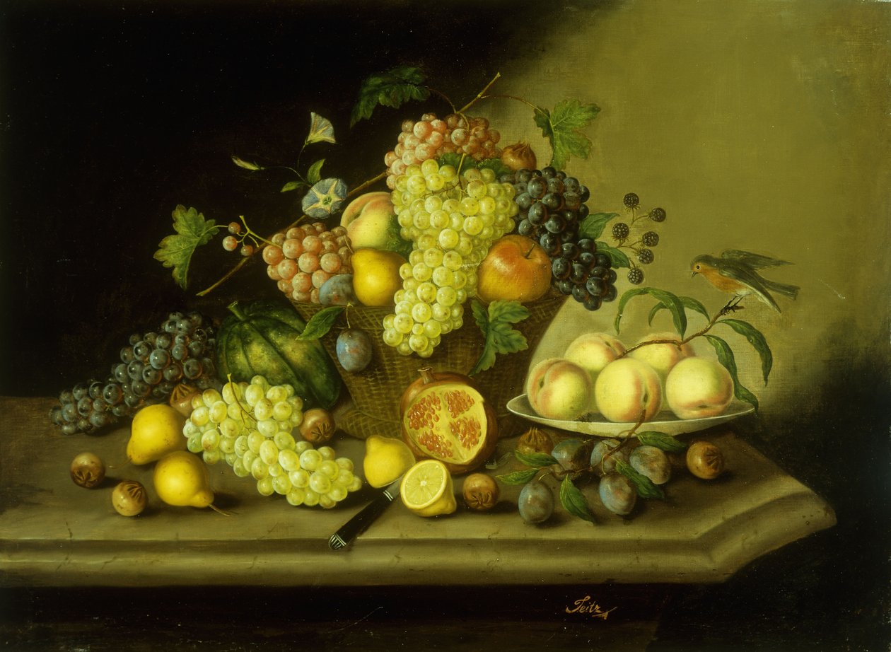 Natureza morta com uma cesta de uvas e frutas mistas em uma borda de pedra de Georg Seitz