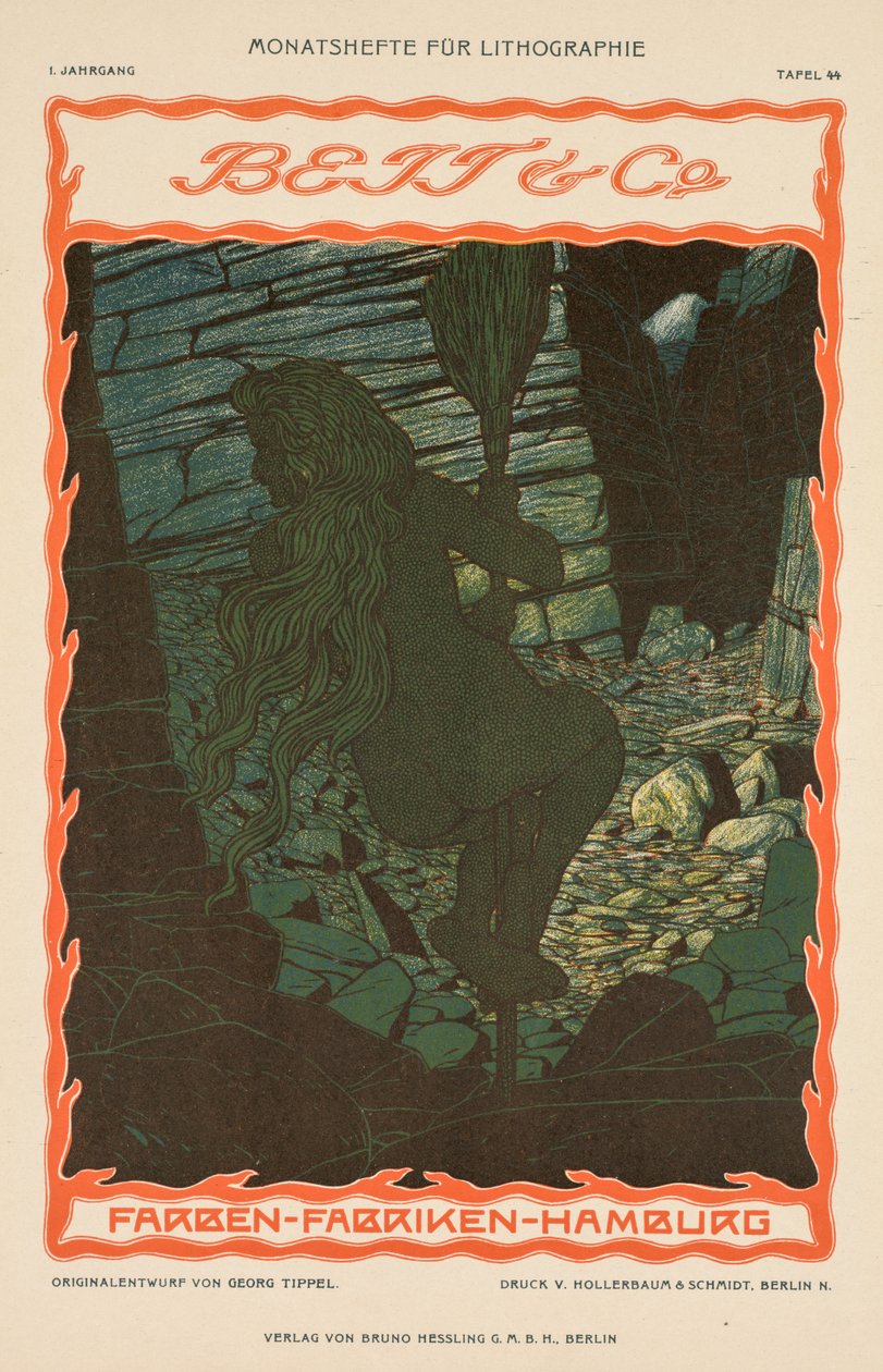 Mulher nua em uma vassoura (da série de anúncios para tecido colorido, Beit & Co., Hamburgo) de Georg Tippel