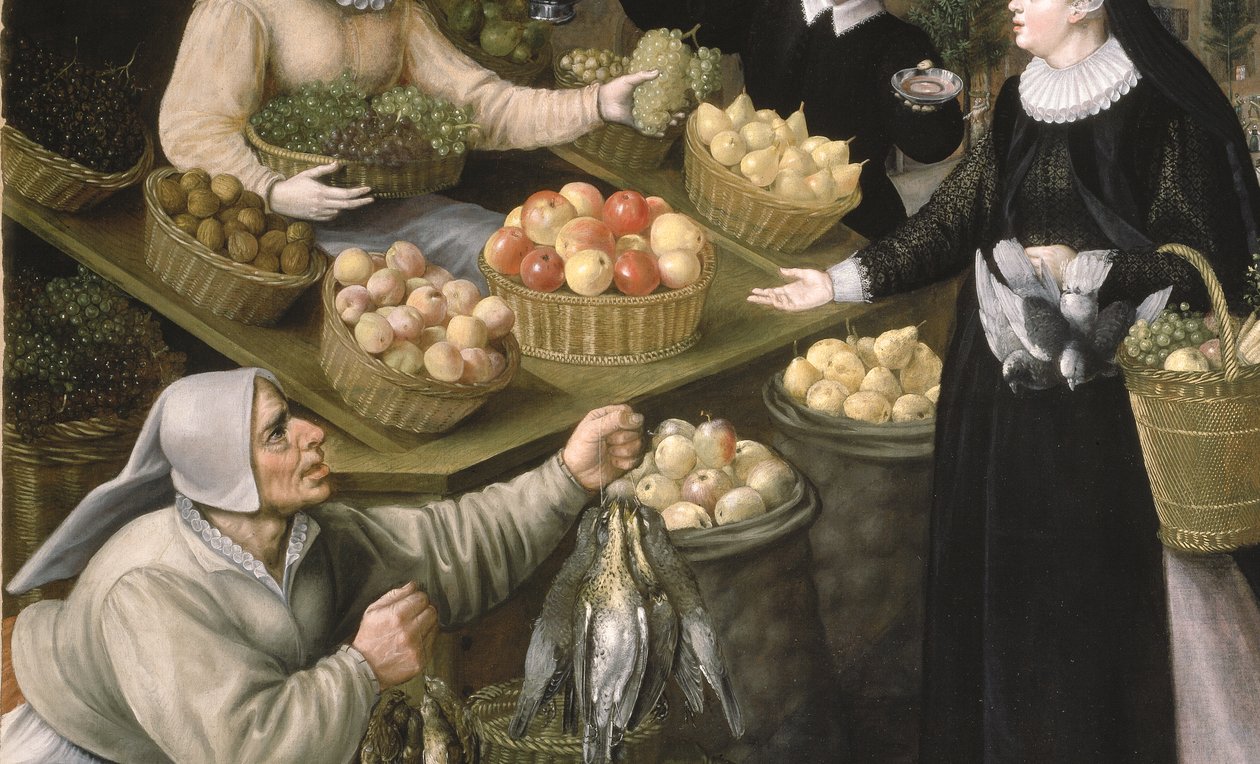 Uma alegoria do Outono: uma banca de frutas e legumes acima do Weinmarkt em Frankfurt am Main de Georg and Valkenborch Lucas Van Flegel