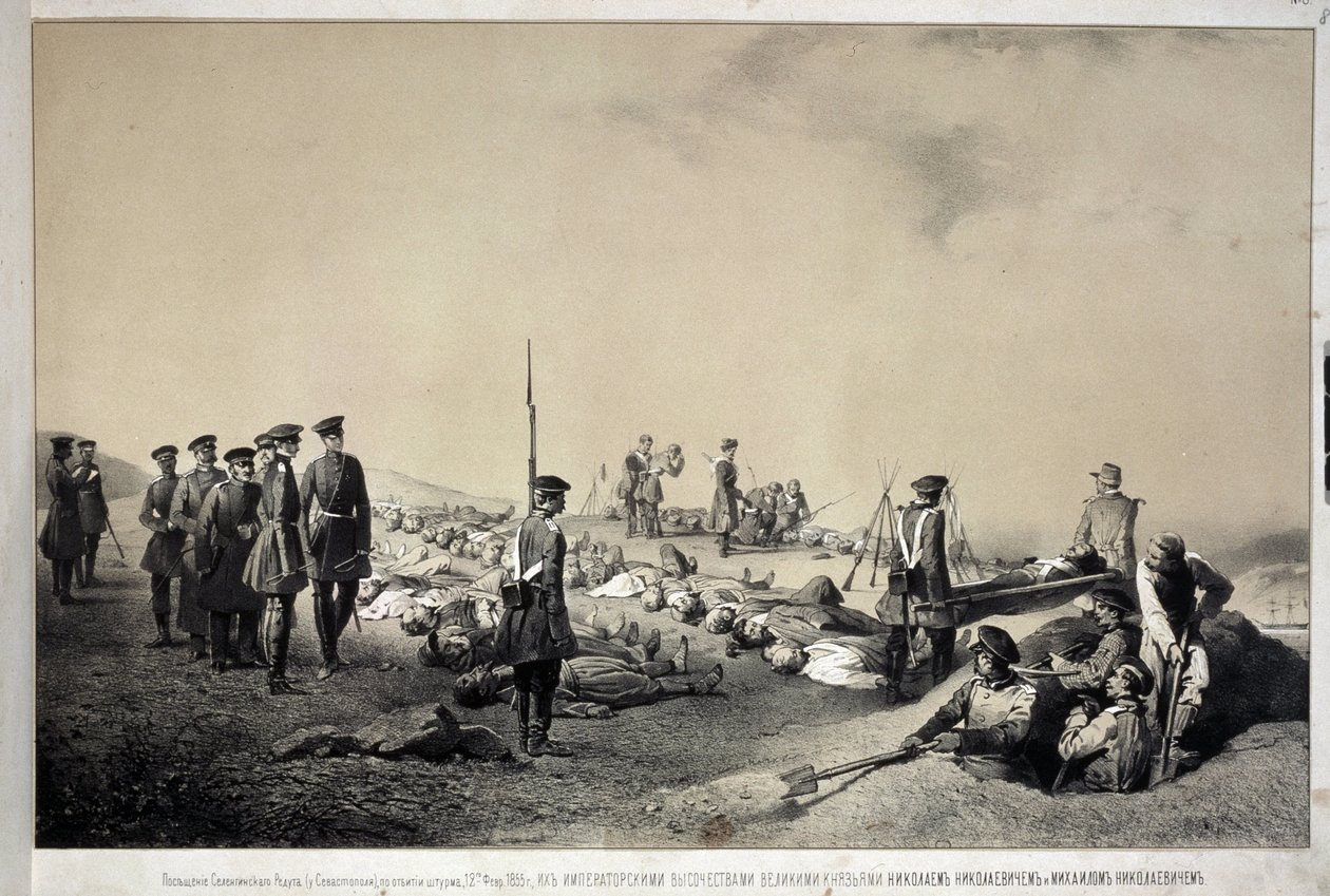 Grand Dukes Nikolai Nikolaievich e Michael Nicolaevich visitando um Redoupt após ataque a 12 de Fevereiro de 1855 (litografia) de Georg Wilhelm Timm