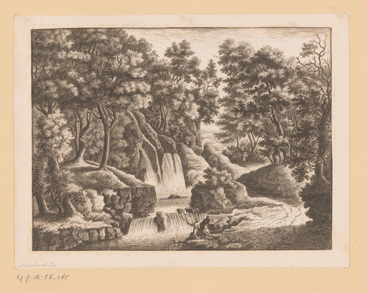 Cachoeira na floresta com dois pescadores em primeiro plano de Georg Wolfgang Knorr (possibly)