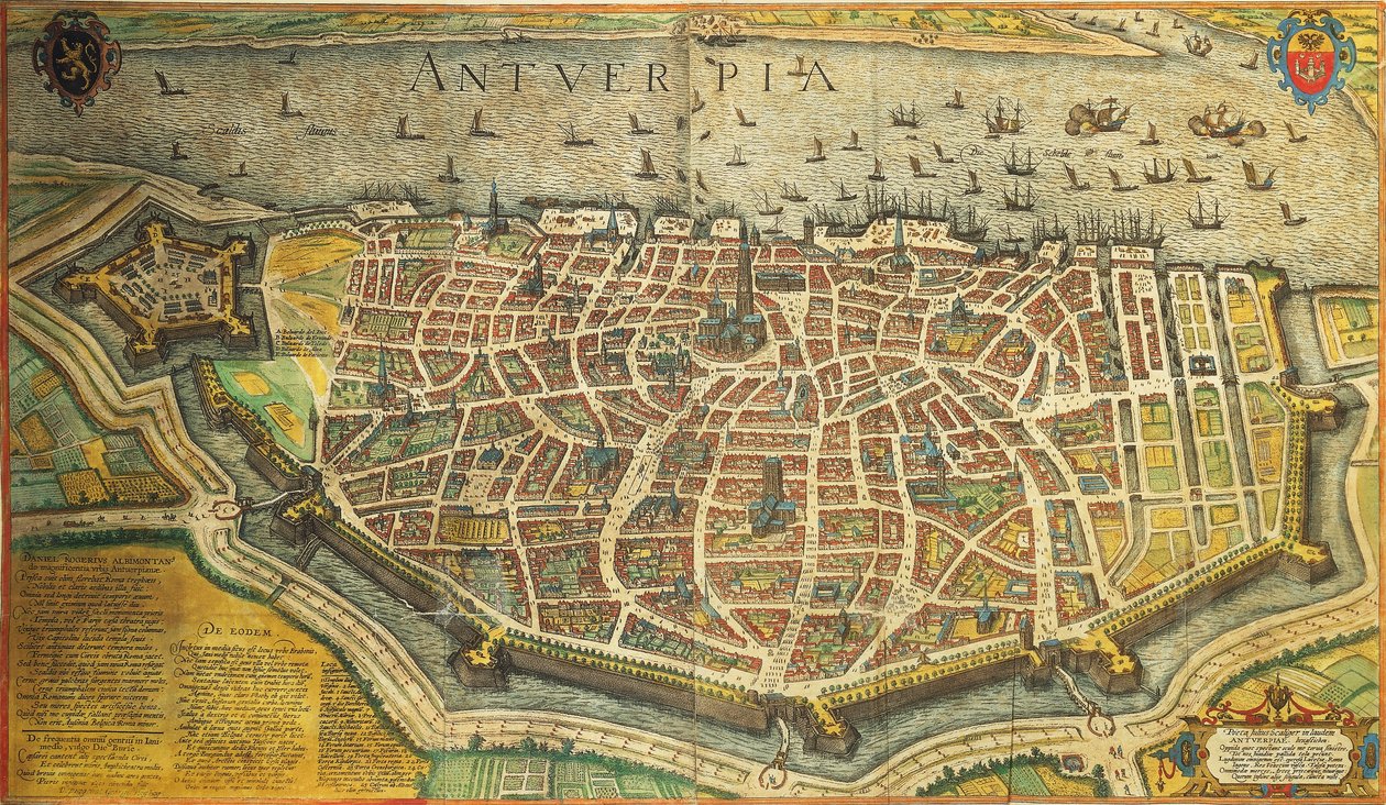 Bélgica, Antuérpia por Georg Braun e Franz Hogenberg da Civitates Orbis Terrarum, gravura a cores de Georg Braun and Hogenberg Franz