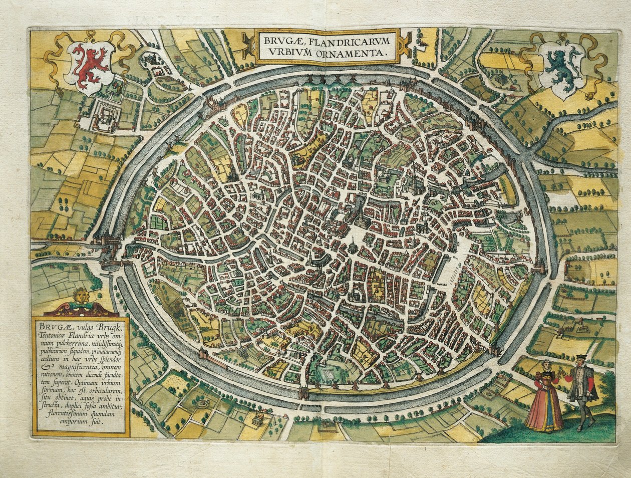 Bélgica, mapa de Bruges de Civitates Orbis Terrarum de Georg Braun (1541-1622) e Franz Hogenberg (1540-1590), Colónia, gravura de Georg Braun and Hogenberg Franz