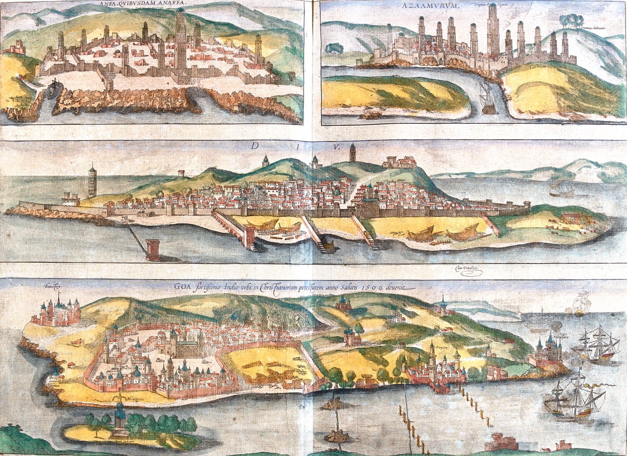 Casablanca, Azemmour, Diu, Goa, Marrocos, Índia de Georg and Hogenberg Franz (1535 90) Braun