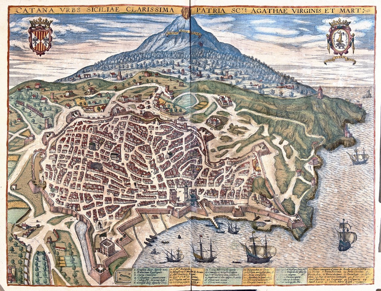 Catania, com Etna ao fundo, Sicília, Itália (gravura de Georg Braun and Hogenberg Franz