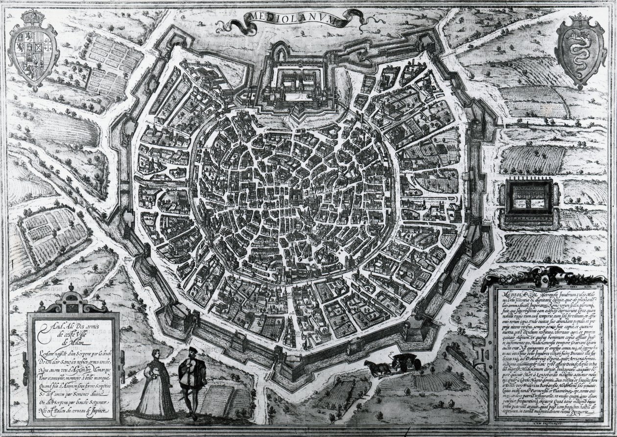 Mapa da cidade de Milão, em 1572, por Antonio Lafreri (1512-1577), publicado por Georg Braun e Franz Hogenberg, Itália de Georg Braun and Hogenberg Franz
