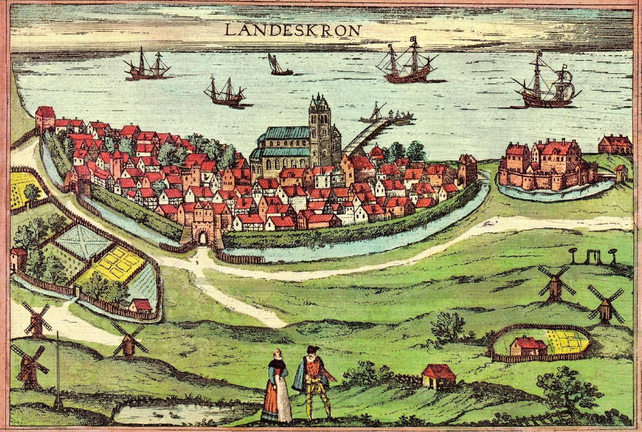 Cidade de Landskrona, um porto anti-hanseático, Dinamarca de Georg and Hogenberg Franz (1535 90) Braun