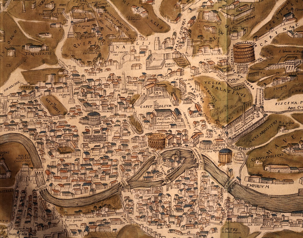 Cidade de Roma, placa de mapa, detalhe de Civitates orbis terrarum, Cities of World, de Georg Braun (1541-1622) e Franz Hogenberg (1535-1590), activo em Colónia, gravura, Itália de Georg Braun and Hogenberg Franz