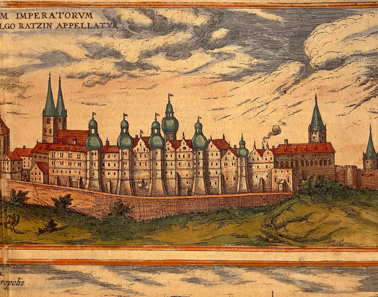 República Checa, Praga, Vista do Palácio, gravura a cores de Civitates Orbis Terrarum de Georg Braun (1541-1622) e Franz Hogenberg (1535-1590) de Georg Braun and Hogenberg Franz