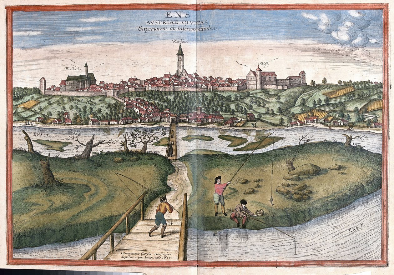 Enns, Áustria (gravura de Georg Braun and Hogenberg Franz