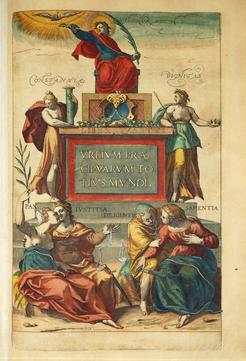 Frontispício do volume IV representando figuras alegóricas do Civitates Orbis Terrarum de Georg Braun de Georg Braun and Hogenberg Franz