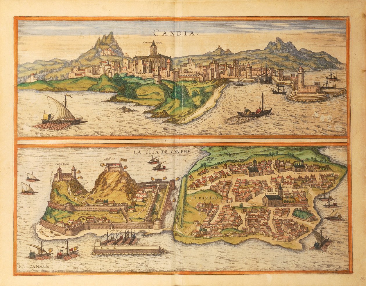 Heraklion, Candia e Corfu de Civitates Orbis Terrarum, de Georg Braun de Georg Braun and Hogenberg Franz
