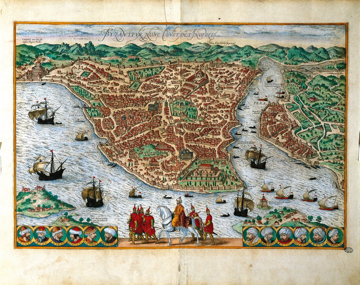 Itália, Milão, Perspectiva da cidade de Constantinpole por Georg Braun (1541-1622) e Franz Hogenberg (1535-1590), gravura a cores de Georg Braun and Hogenberg Franz