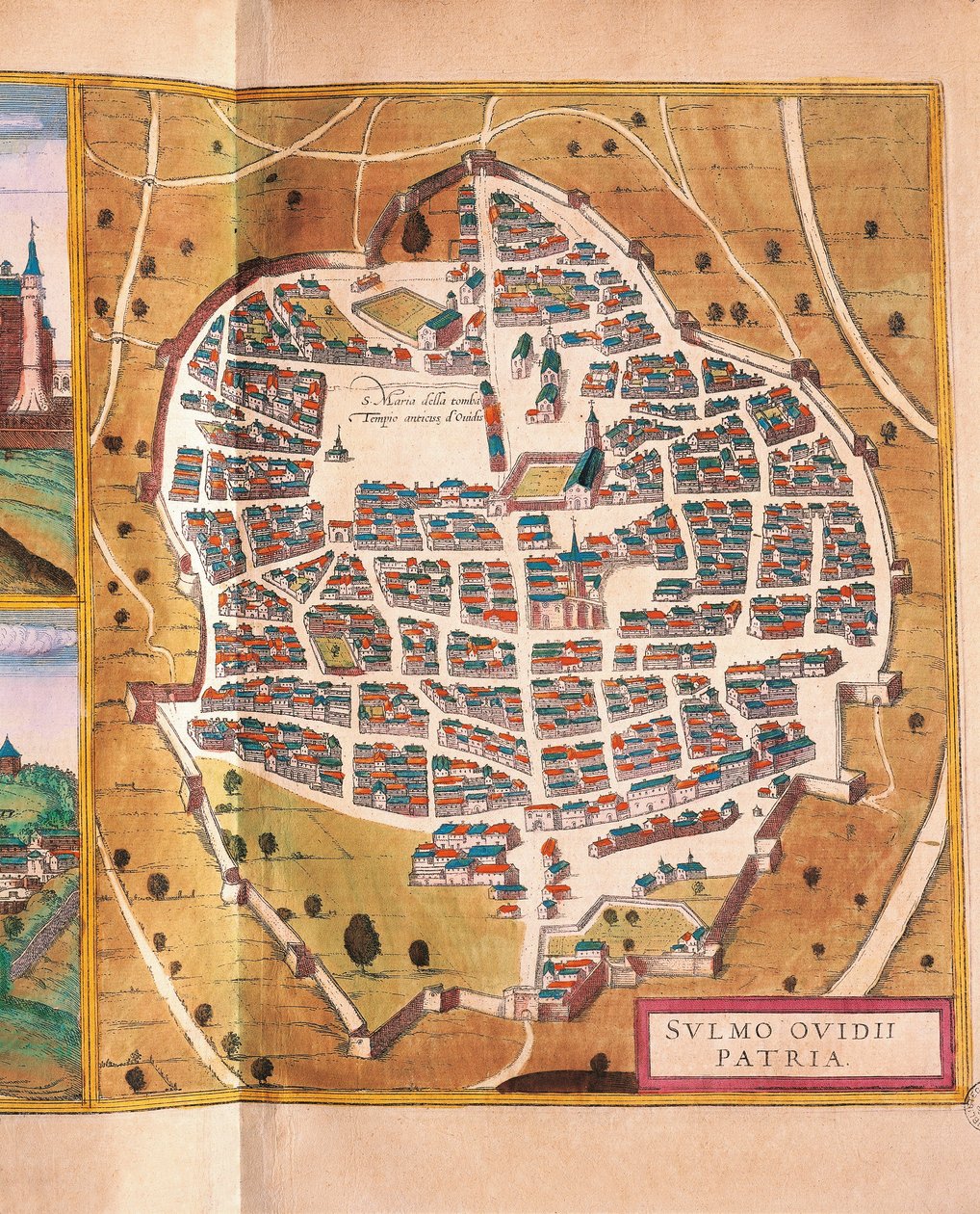 Itália, Sulmona, A cidade de Sulmona de Civitates Orbis Terrarum de Georg Braun e Franz Hogenberg, gravura de Georg Braun and Hogenberg Franz