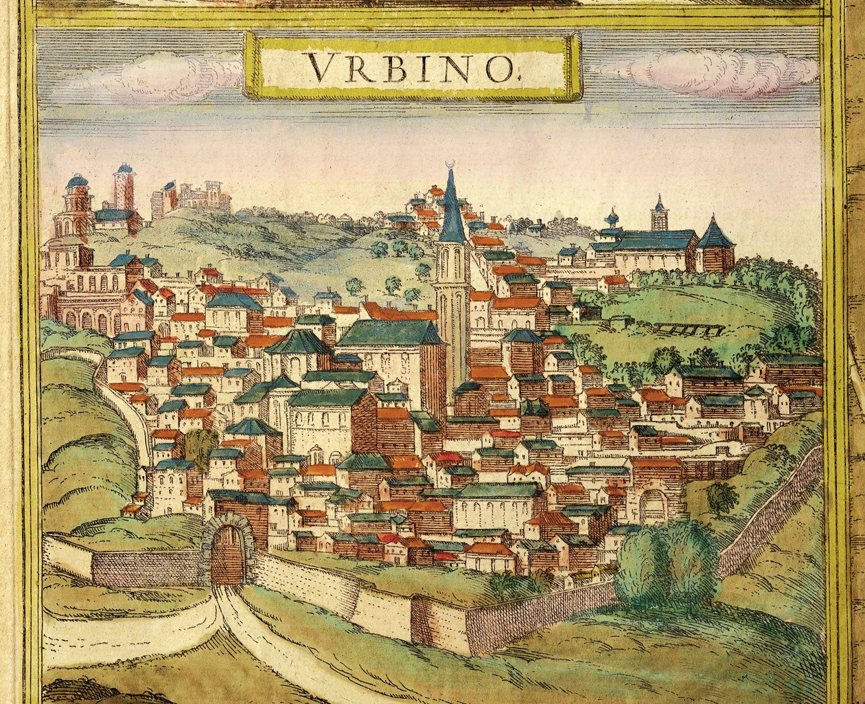 Itália, Urbino, Vista da cidade, gravação a cores de Civitates Orbis Terrarum de Georg Braun (1541-1622) e Franz Hogenberg (1535-1590) de Georg Braun and Hogenberg Franz