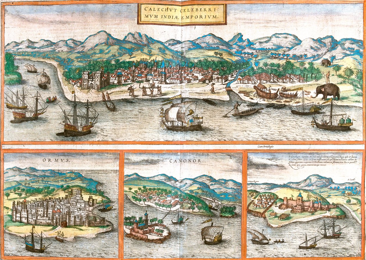 Kozhikode, Ilha de Hormuz, Kannur, Elmina, Índia, Irão, Gana de Georg and Hogenberg Franz (1535 90) Braun