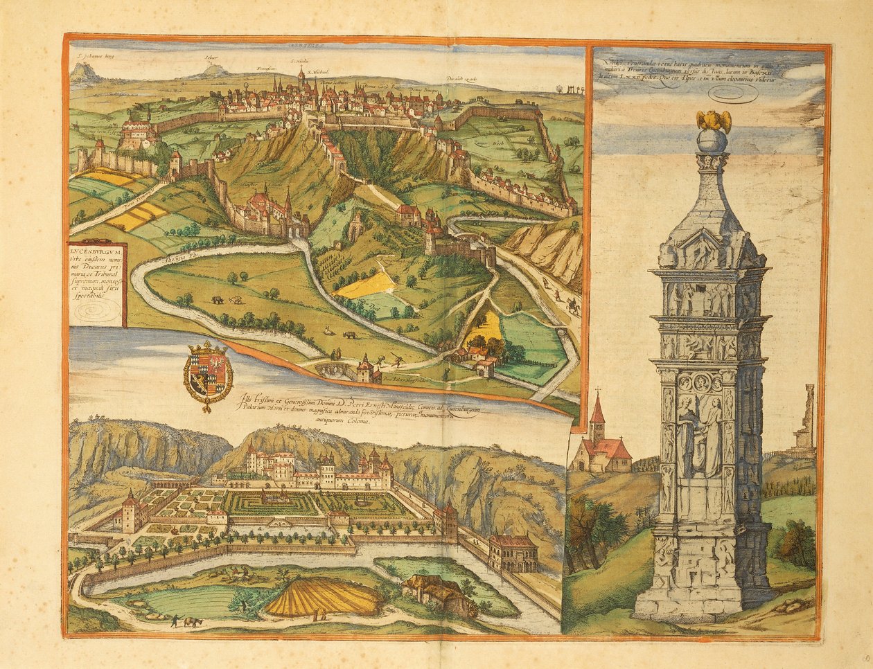Cidade do Luxemburgo, Palácio Grão-Ducal e monumento de pedra do Civitates Orbis Terrarum de Georg Braun de Georg Braun and Hogenberg Franz