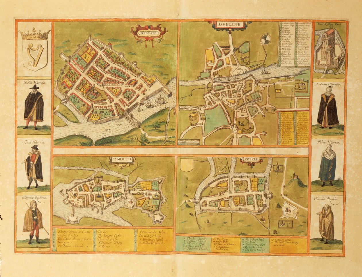 Mapa de Galway, Dublin, Limerick e Cork de Civitates Orbis Terrarum por Georg Braun de Georg Braun and Hogenberg Franz