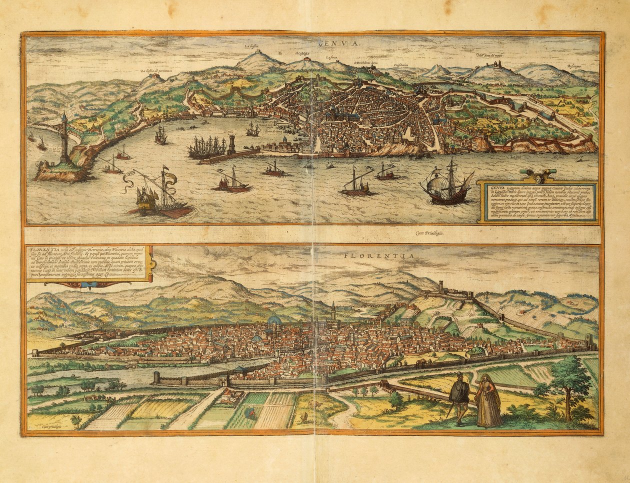 Mapa de Génova e Florença de Civitates Orbis Terrarum por Georg Braun de Georg Braun and Hogenberg Franz
