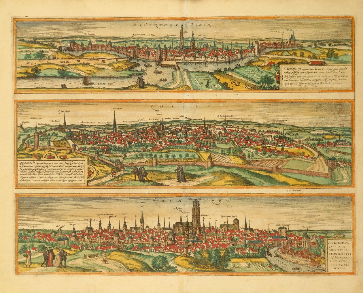 Mapa de Hertogenbosch, Leuven e Mechelen de Civitates Orbis Terrarum, de Georg Braun de Georg Braun and Hogenberg Franz