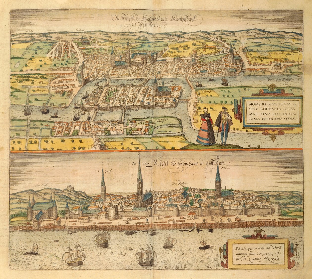 Mapa de Konigsberg e Riga de Civitates Orbis Terrarum por Georg Braun de Georg Braun and Hogenberg Franz