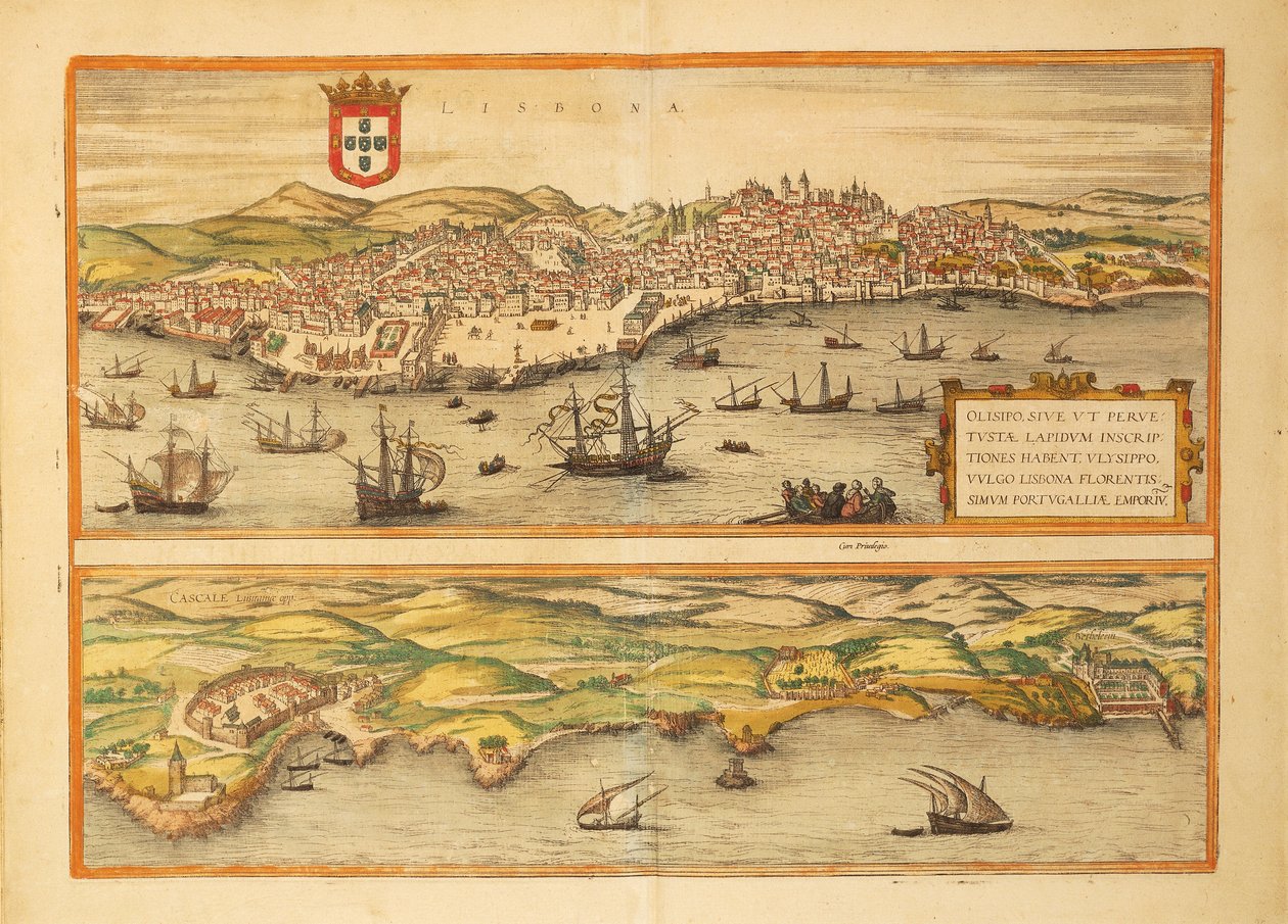 Mapa de Lisboa e Cascais do Civitates Orbis Terrarum de Georg Braun de Georg Braun and Hogenberg Franz