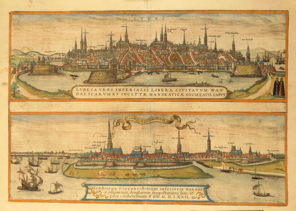 Mapa de Lubeck e Hamburgo de Civitates Orbis Terrarum por Georg Braun de Georg Braun and Hogenberg Franz