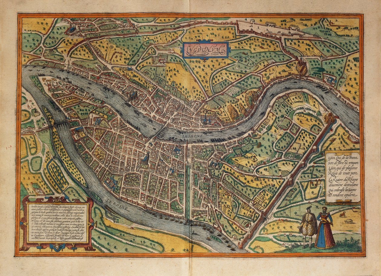 Mapa de Lyon, França, de Civitates Orbis Terrarum, de Georg Braun de Georg Braun and Hogenberg Franz
