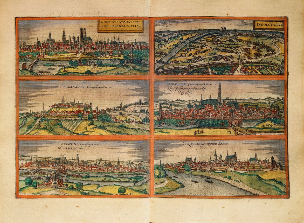 Mapa de Munique, Ingolstadt, Freising, Nordlingen, Regensburg e Straubing, Alemanha, de Civitates Orbis Terrarum, de Georg Braun de Georg Braun and Hogenberg Franz