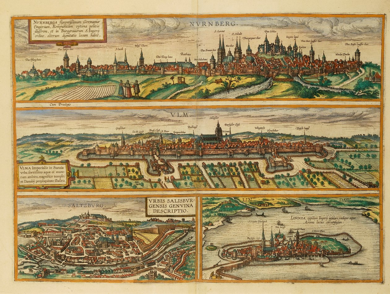 Mapa de Nuremberga, Ulm, Salzburgo e Lindau do Civitates Orbis Terrarum, de Georg Braun de Georg Braun and Hogenberg Franz