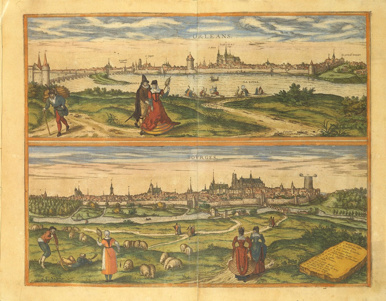 Mapa de Orleans e Bourges de Civitates Orbis Terrarum por Georg Braun de Georg Braun and Hogenberg Franz