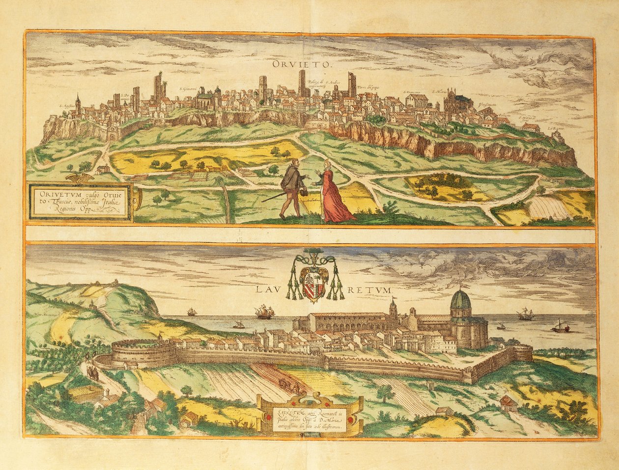 Mapa de Orvieto e Loreto, Umbria e Marche da região de Civitates Orbis Terrarum por Georg Braun de Georg Braun and Hogenberg Franz