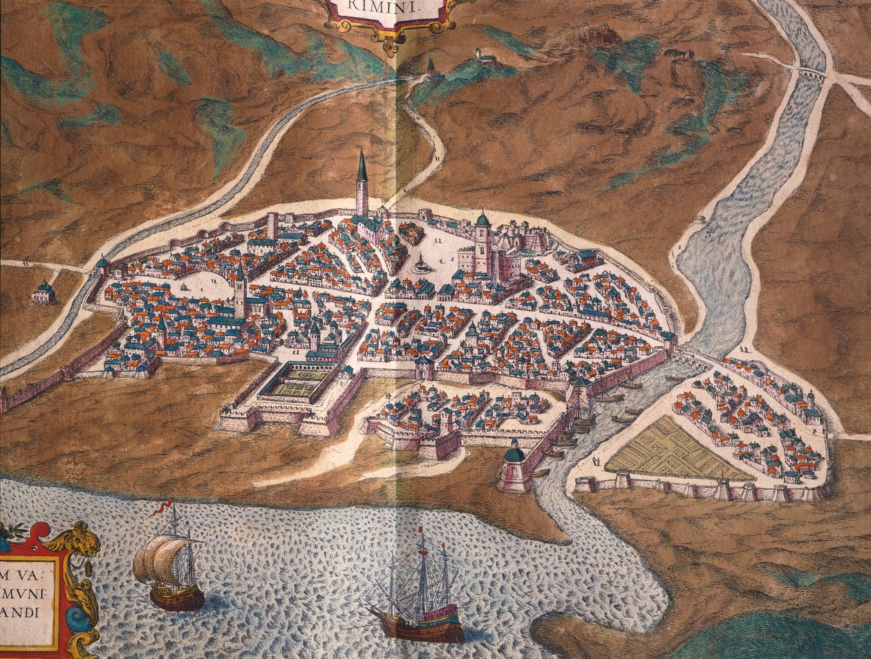 Mapa de Rimini, de Georg Braun e Franz Hogenberg, gravura colorida da Civitates Orbis Terrarum, Itália de Georg Braun and Hogenberg Franz
