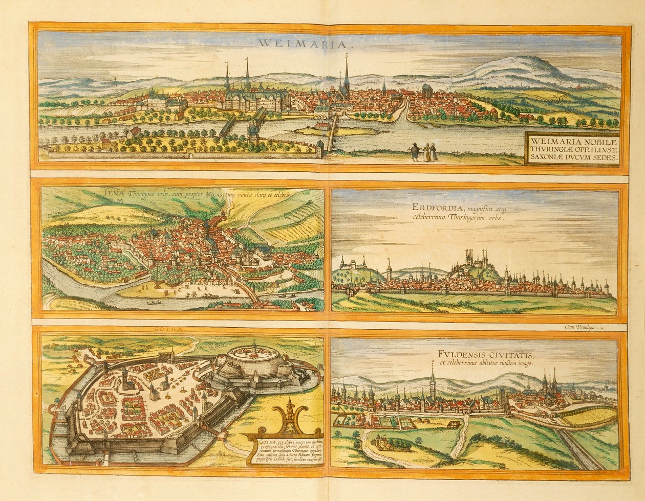 Mapa de Weimar, Jena, Erfurt, Gotha e Fulda do Civitates Orbis Terrarum, de Georg Braun de Georg Braun and Hogenberg Franz