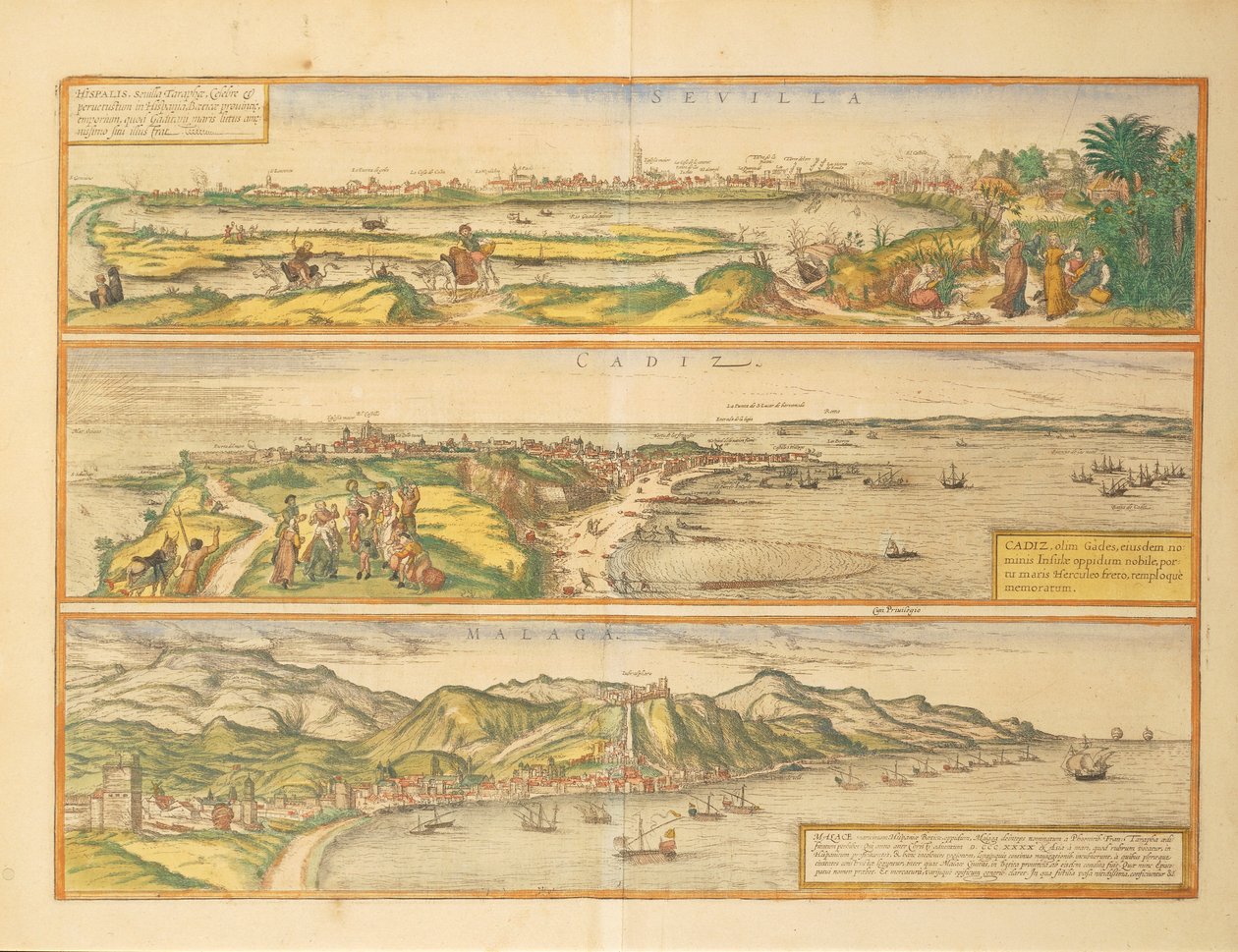 Mapas de Sevilha, Cádiz e Málaga, Espanha, de Civitates Orbis Terrarum, de Georg Braun de Georg Braun and Hogenberg Franz