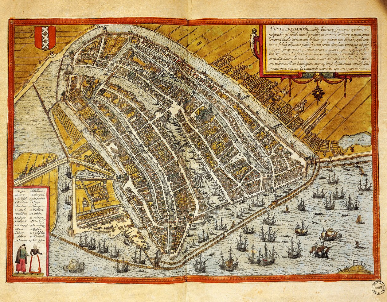 Holanda, Mapa de Amesterdão de Civitates Orbis Terrarum de Georg Braun (1541-1622) e Franz Hogenberg (1535-1590), gravura de Georg Braun and Hogenberg Franz