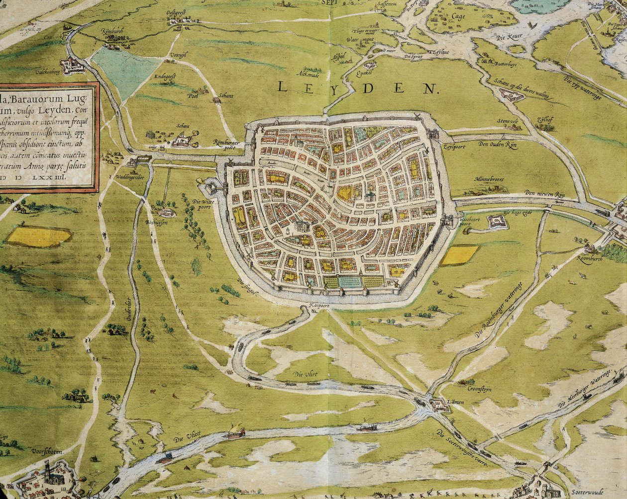 Holanda, Mapa da cidade de Leiden e região de Civitates Orbis Terrarum de Georg Braun (1541-1622) e Franz Hogenberg (1540-1590), Colónia, gravura de Georg Braun and Hogenberg Franz