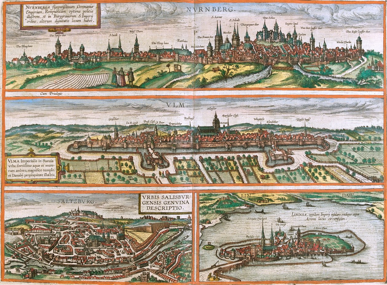 Nuremberga, Ulm, Salzburgo, Lindau, Alemanha, Áustria de Georg and Hogenberg Franz (1535 90) Braun