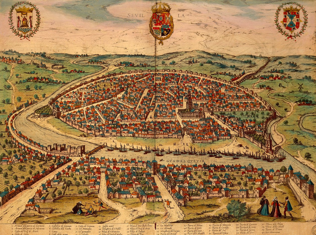Espanha, Sevilha, Vista da cidade, gravação a cores de Civitates Orbis Terrarum de Georg Braun (1541-1622) e Franz Hogenberg (1535-1590) de Georg Braun and Hogenberg Franz