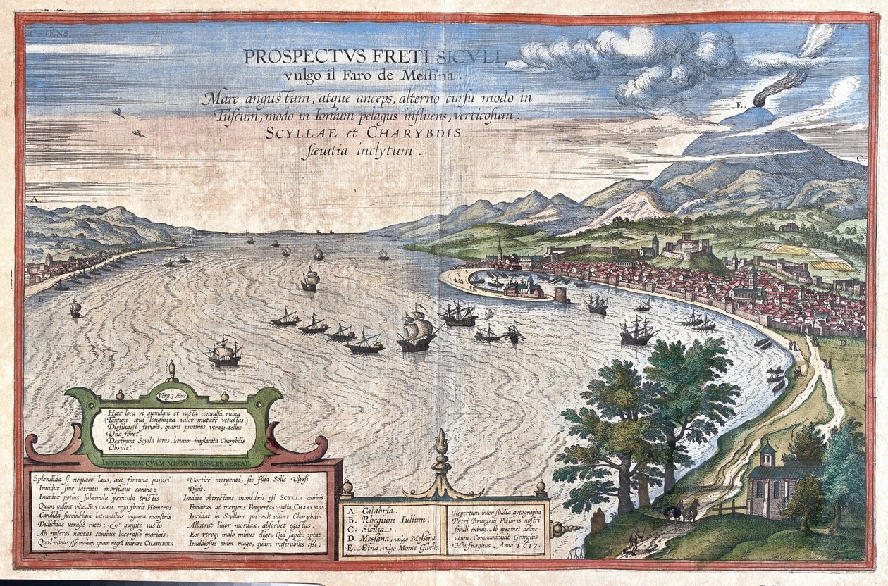 Detroit de Messina, entre a Sicília e a Calábria (Itália) (gravura de Georg Braun and Hogenberg Franz