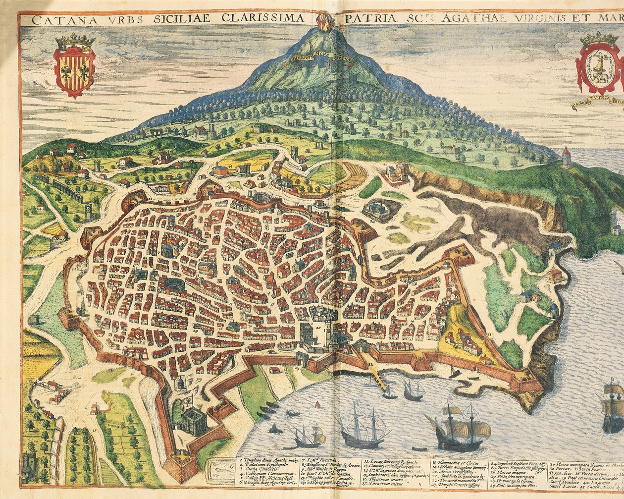 A cidade de Catania, de Civitates Orbis Terrarum, de Georg Braun de Georg Braun and Hogenberg Franz