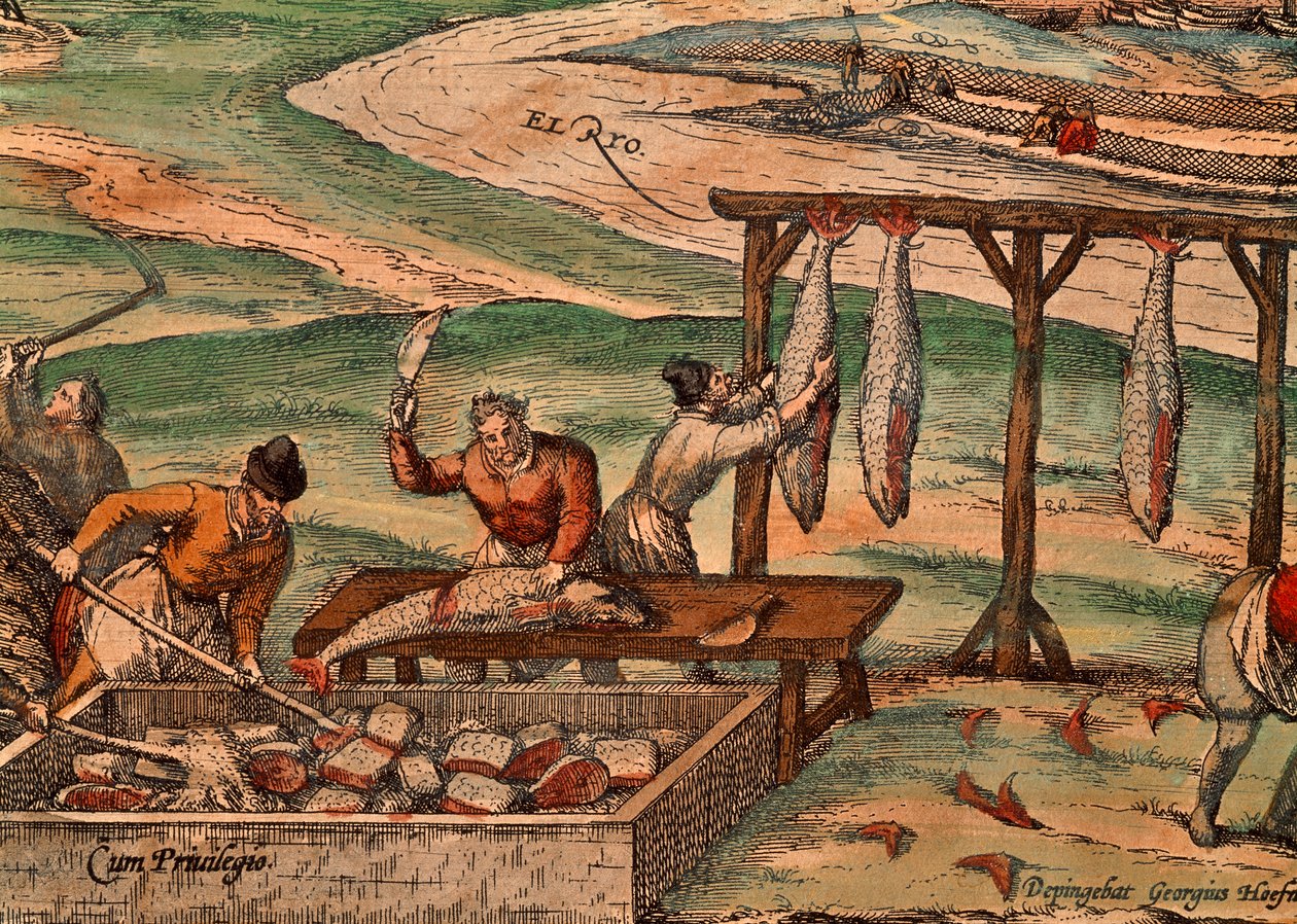 Processamento de atum por Franz Hogenberg (cerca de 1540-circa 1590 ), cena do Civitates Orbis Terrarum de Georg Braun (1541-1622) e Franz Hogenberg (cerca de 1540-circa 1590) de Georg Braun and Hogenberg Franz