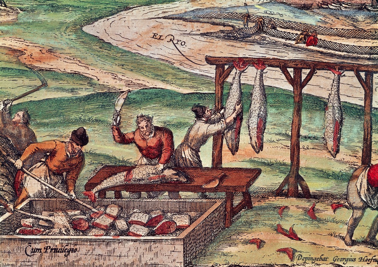 Processamento de atum, miniatura do Civitates Orbis Terrarum, de Georg Braun e Franz Hogenberg de Georg Braun and Hogenberg Franz