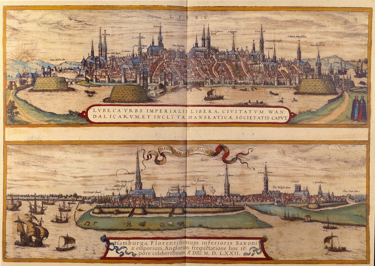Na vista superior da cidade de Lubeck, abaixo da cidade de Hamburgo, na Alemanha. Gravura do Atlas de "Braun e Hogenberg" 1572 de Georg Braun and Hogenberg Franz