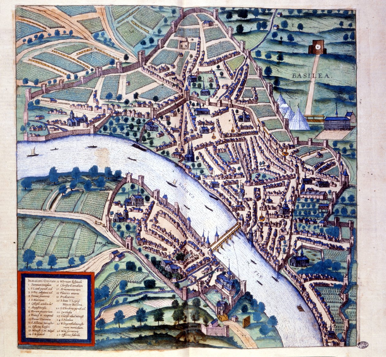 Basileia (Suíça), vista dos olhos das aves - em "Atlas" da Braun & Hogenberg de Georg Braun and Hogenberg Franz