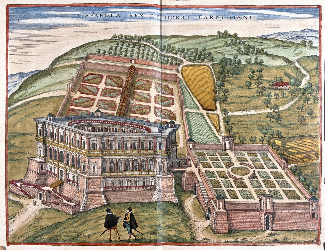 Caprarola palacete e os jardins Farnese, Lazio, Itália (gravura de Georg Braun and Hogenberg Franz