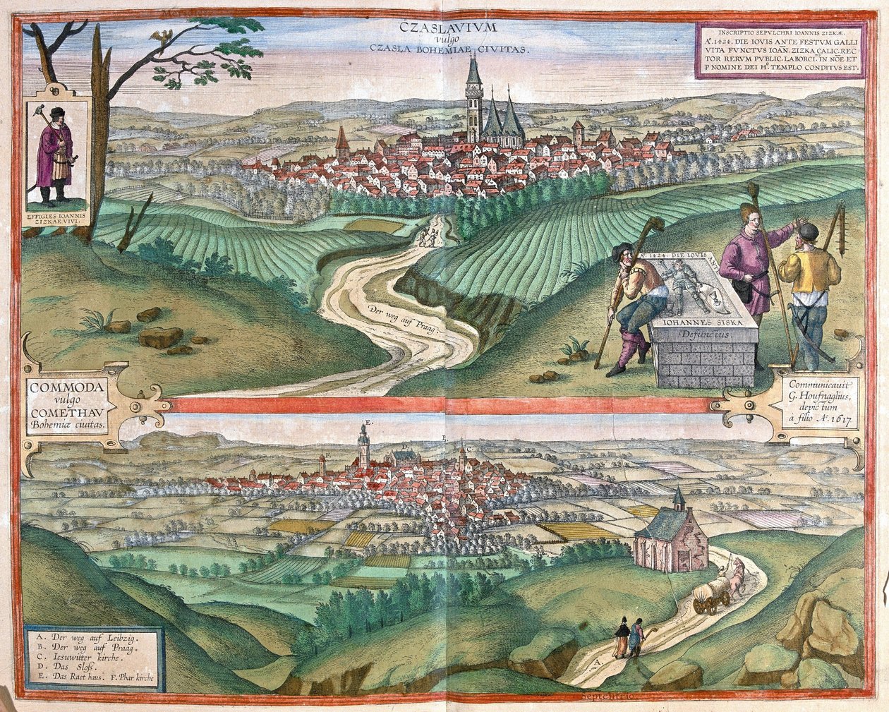 Caslav (Boheme) e Chomutov, República Checa (gravura de Georg Braun and Hogenberg Franz