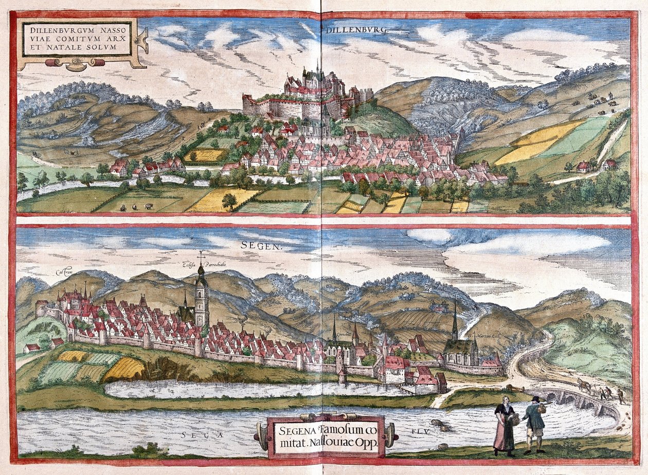 Dillenburg (Hesse) e Siegen (Renânia do Norte-Vestefália), Alemanha (gravura de Georg Braun and Hogenberg Franz